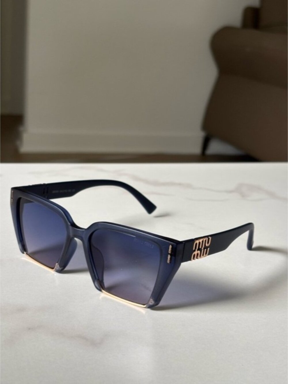 Miu Miu Dark Blue Gradient Oversized Square Sunglasses with Gold Temple Detail - Picture 2 of 4